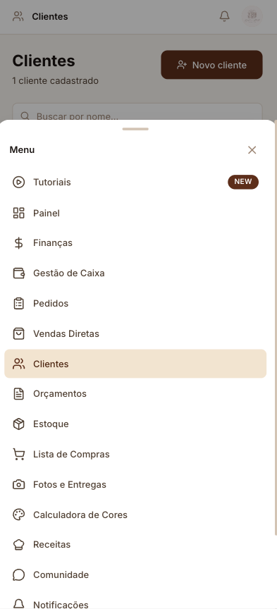 Menu completo do sistema